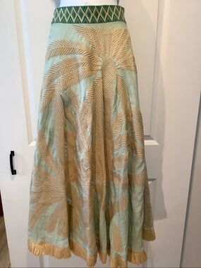NWOT EMPORIO SIRENUSE Positano Livia Palm Embroidered 100% Linen Raffia Skirt 38